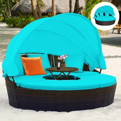 Patio Rattan Daybed Cushioned Sofa Adjustable Table Top Canopy
