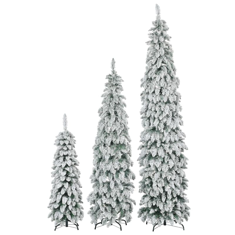 8FT, 6FT, 4FT Pre-Lit Pencil Christmas Trees, 3-set Slim Artificial Christmas Tree With Snow Flocking, 11 Lighting Modes