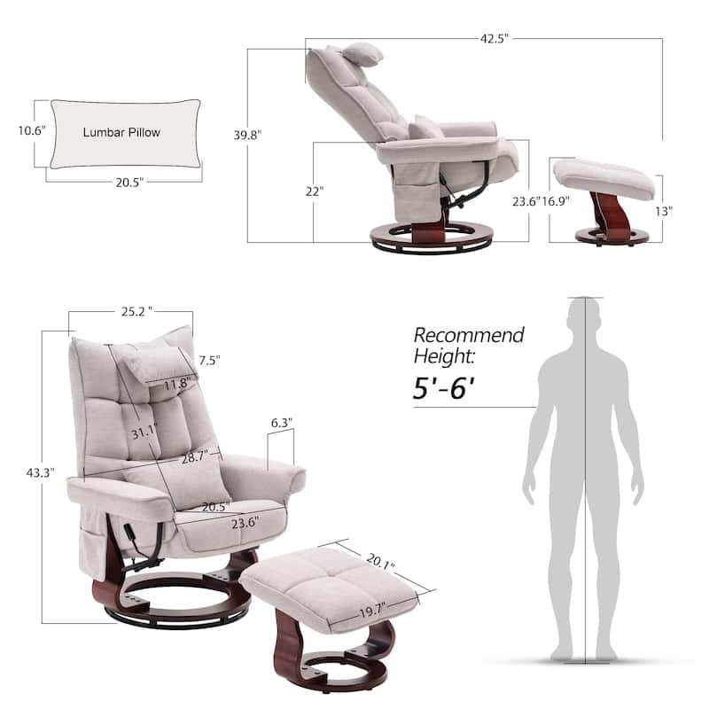 MCombo Swivel Recliner with Ottoman and Neck Pillow, Chenille Fabric