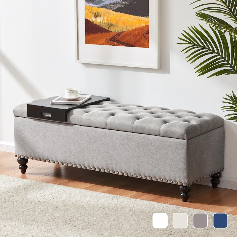 50-inch Button-Tufted Storage Bench Ottoman with Removable Tray for Living Room Bottom rivets design