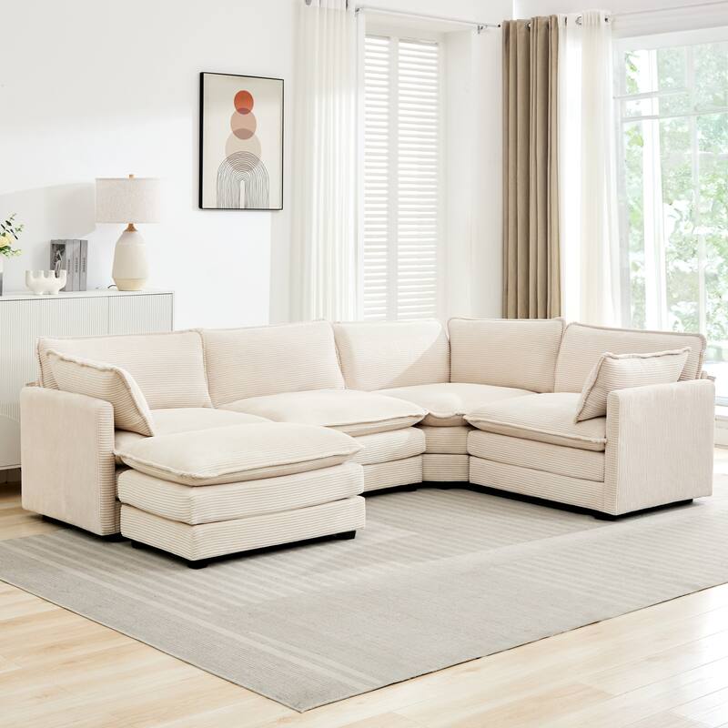 5-Seater Corduroy Sectional Sofa with a Removable Ottoman & Corner Seat, Soft & Comfortable - 4 Seats with 1 Ottoman