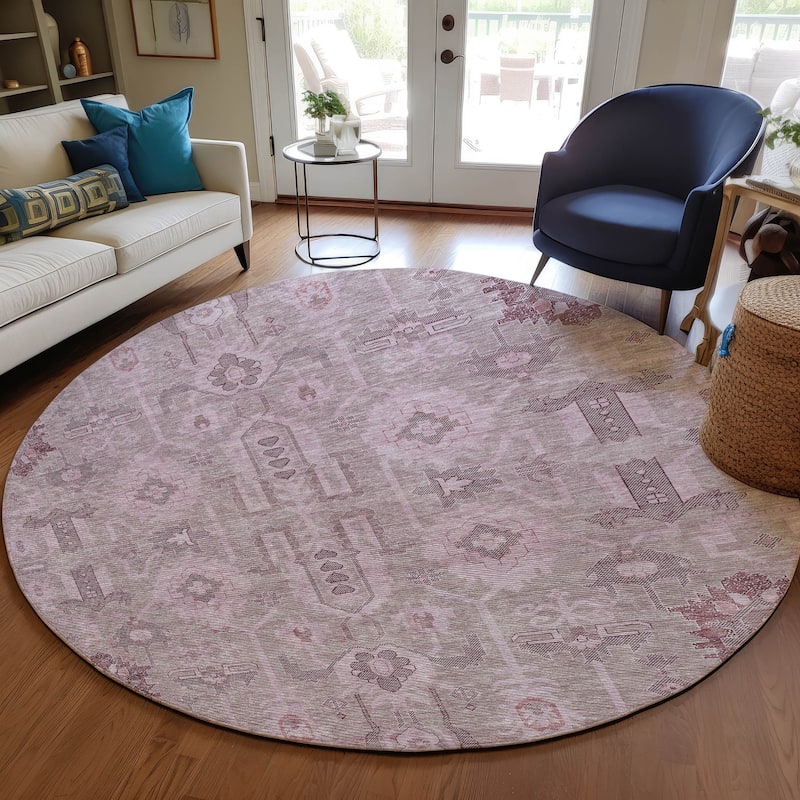 Machine Washable Indoor/ Outdoor Chantille Traditional Boho Rug - Pink - 8' x 8'