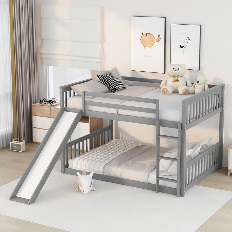 Grey Full Over Full Bunk Bed with Slide and Ladder, Solid Pine Wood Frame, No Box Spring Needed