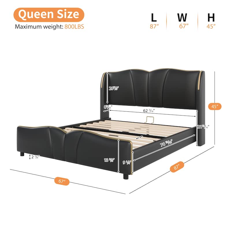 Roomfitters Queen Size PU Upholstered Platform Bed Frame with Wingback Headboard and Wavy Footboard, Modern Leather Bed