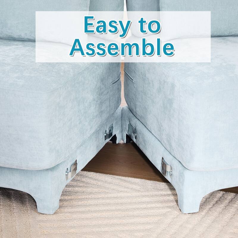 105.9" Chenille 3-Seater Sofa with 2 Movable Ottomans, Lumbar Pillow, High-Resilience Sponge and Wooden Base