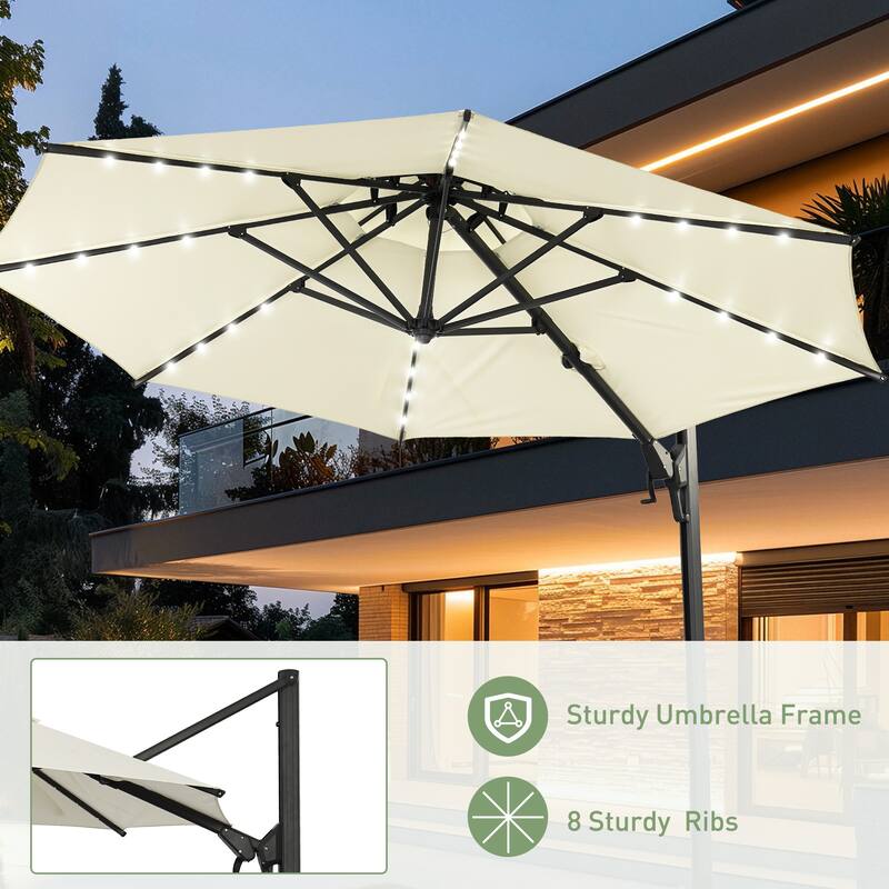 Autlaycil 10FT Cantilever Patio Umbrella with Solar Lights Included Base 360 Rotation Large Offset Hanging Outdoor Shade