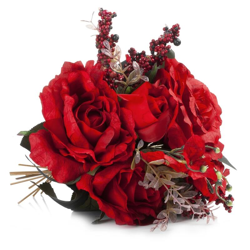Enova Home Mixed Artificial Silk Roses Fake Flowers Arrangement in Glass Vase with Faux Water and River Stone for Home Decor