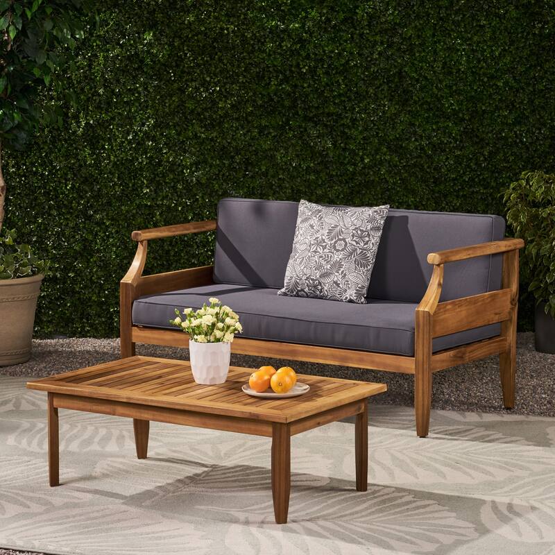 Roomfitters 2-Piece Outdoor Patio Set with Loveseat and Coffee Table, Acacia Wood Frame and Cushions, Dark Grey