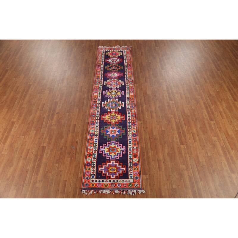 Navy Blue Anatolian Oriental Vintage Runner Rug Handmade Wool Carpet - 2'10"x 12'0"