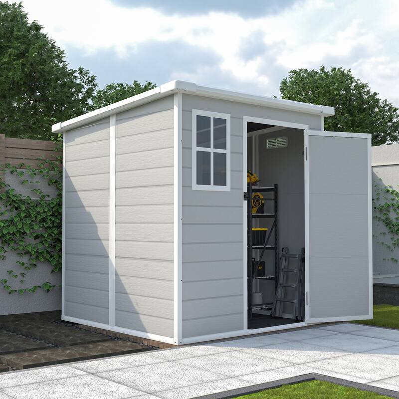 6x6 FT Storage Shed, Waterproof Resin Outdoor Storage Shed with Floor & Window & Lockable Doors and Vents, Tool Shed