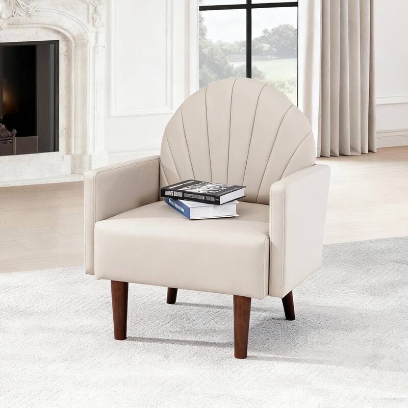 Contemporary Shell-shaped Amchair with Upholstery and Wooden Legs, Suitable for Living Rooms