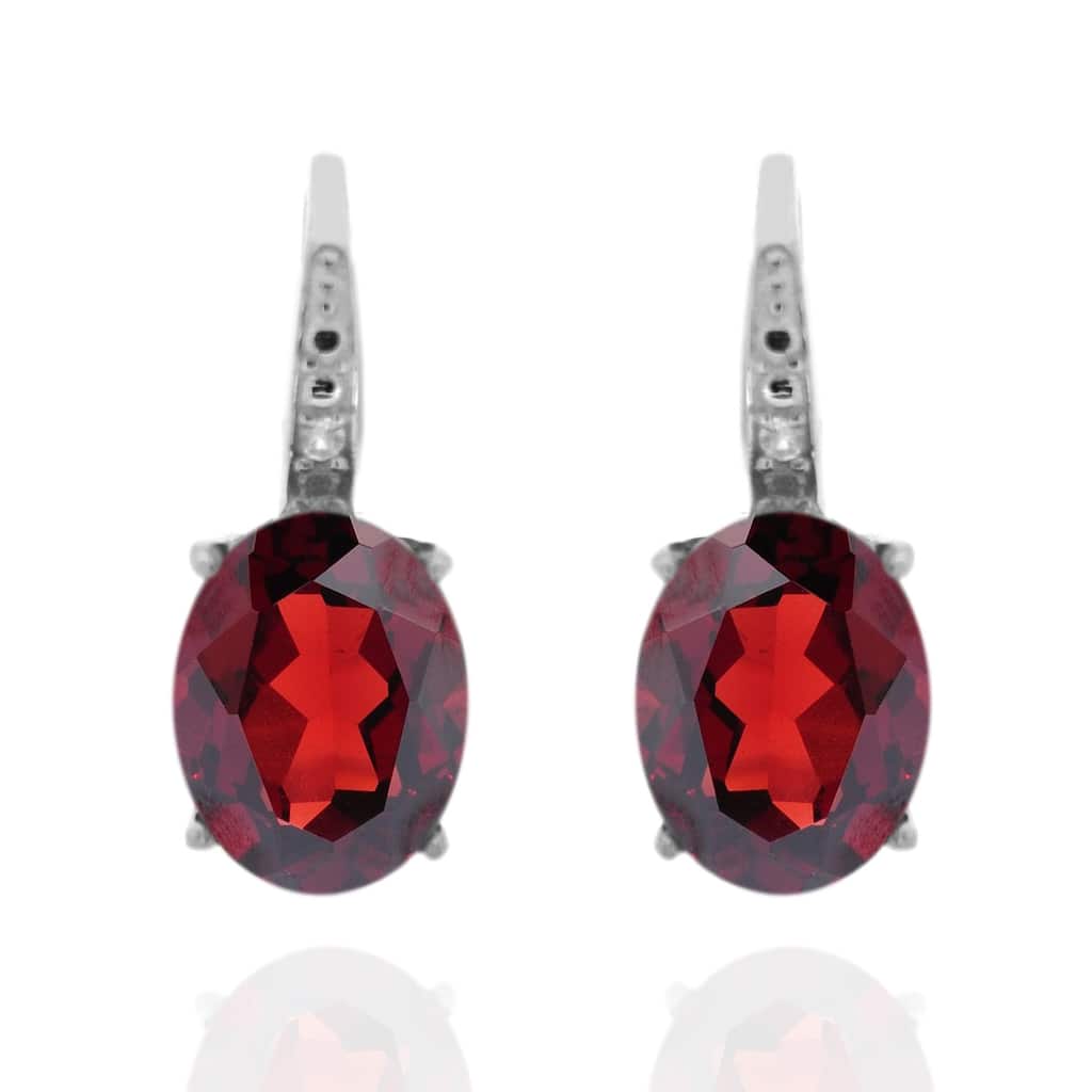 925 Sterling Silver Red Garnet and Diamond Earrings