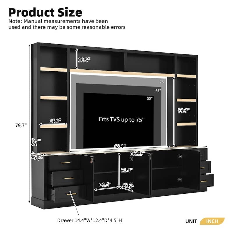 102.3" Farmhouse 4-Piece Entertainment Center Wall Unit with Adjustable Shelves,6 Drawers