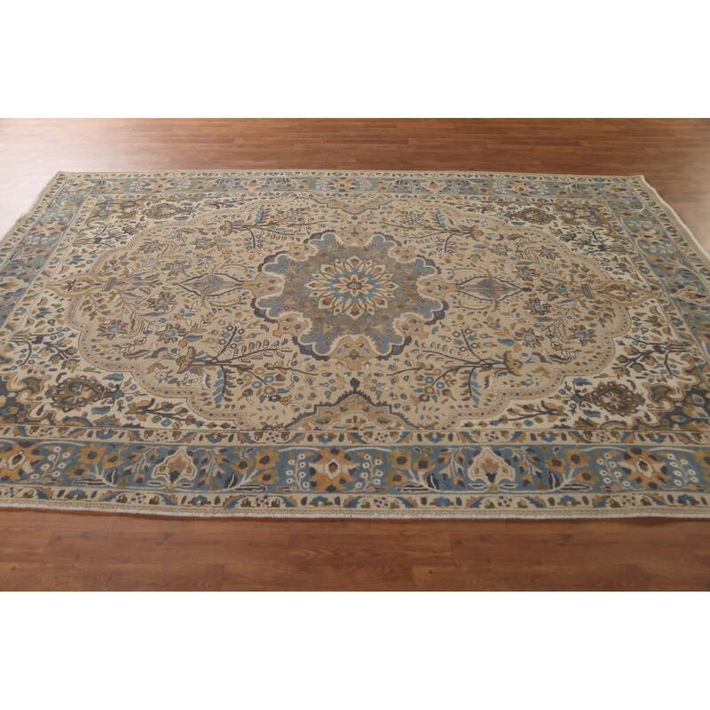 Tabriz Persian Vintage Rug Handmade Traditional Beige Wool Carpet - 6'10"x 9'10"