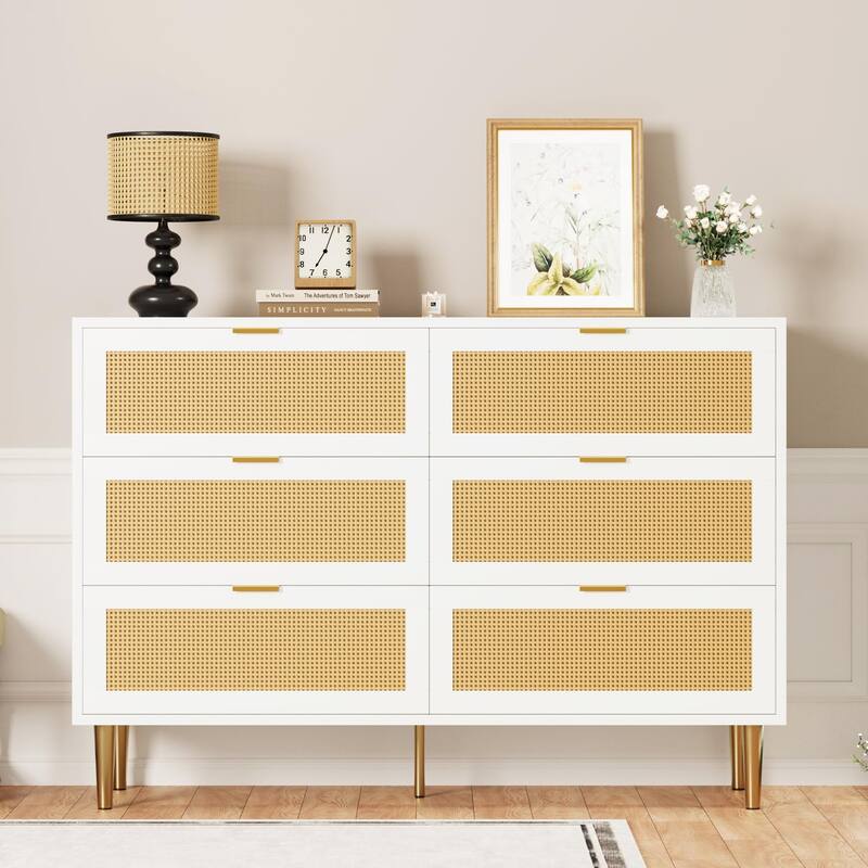 6 Drawer Rattan Dresser for Bedroom, Wide Double Dresser Chest of Drawers