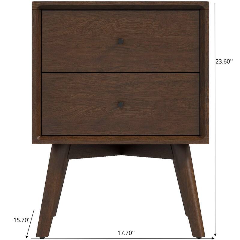 GDFStudio - Caroline Modern 2-Drawer Solid Wood Nightstand with Walnut Finish for Bedroom or Living Room