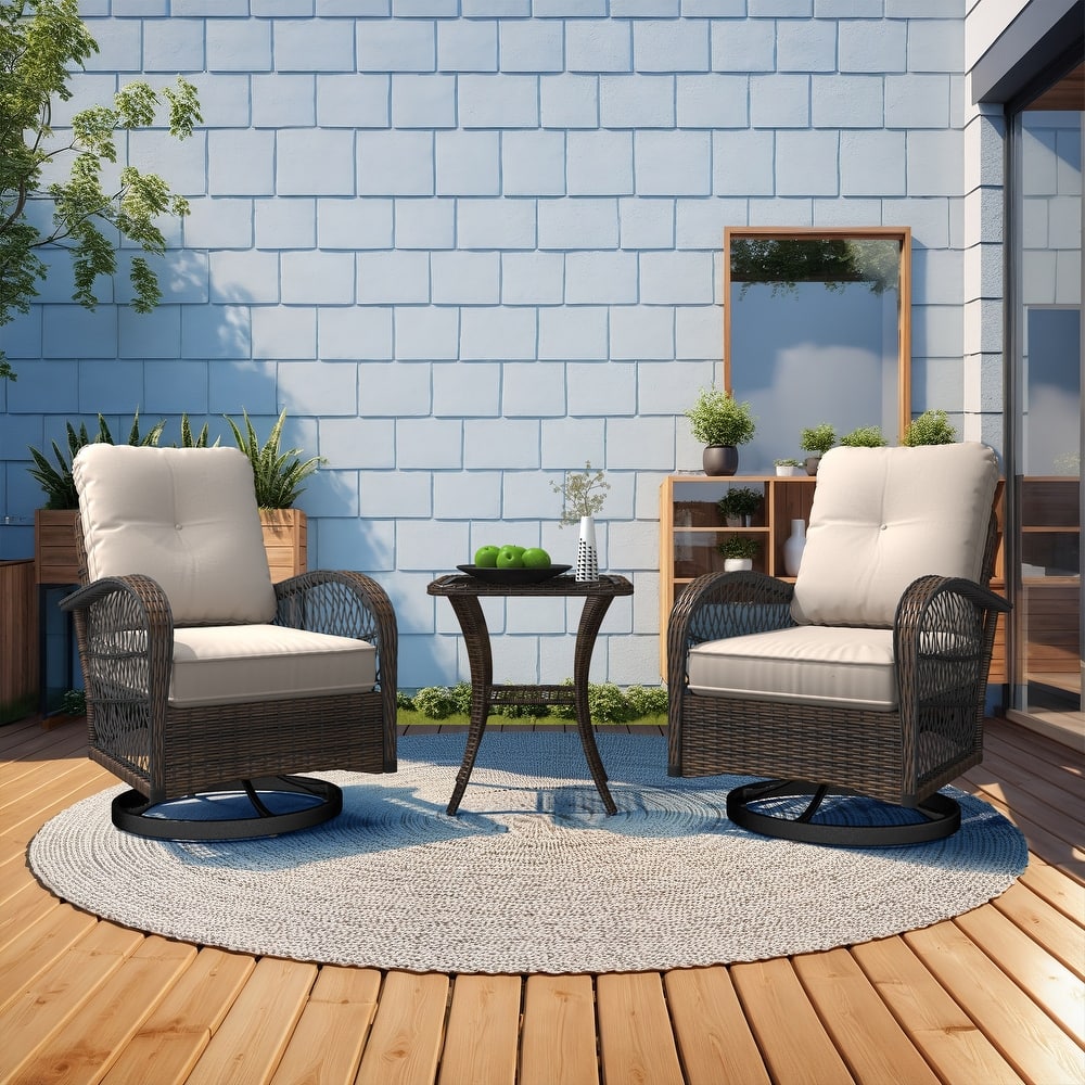 Outdoor Swivel Rocker Bistro Set - 3 Piece Wicker Patio Set with Swivel Rocking Chairs, Cushions, and Tempered Glass Side Table