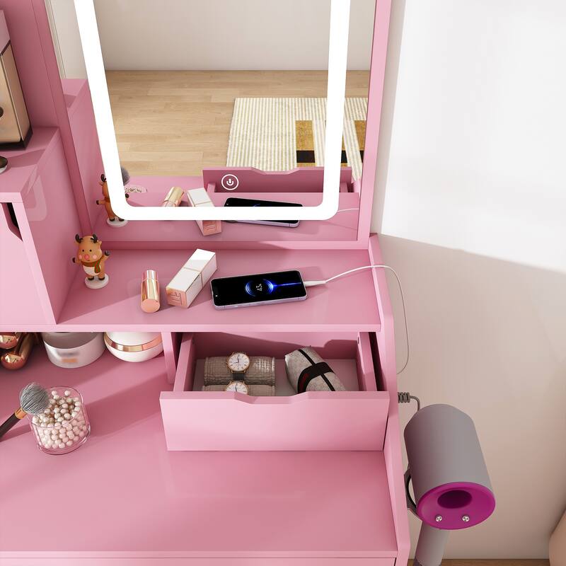 3-Color LED Vanity Mirror with Stool, Pink Dressing Table for Bedroom, 2 Drawers & 5 Storage Cabinets (4 Open + 1 Hidden)