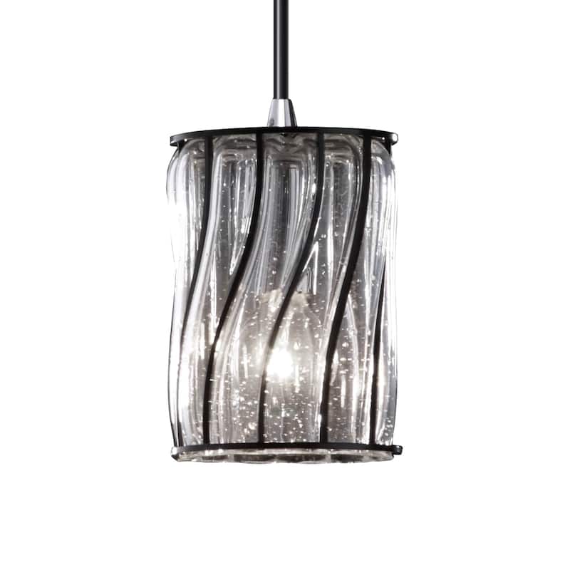 Justice Design Wire Glass 1-light Polished Chrome Pendant, Swirl w/ Clear Bubbles - Cylinder w/ Flat Rim Shade - Swirl with Clear Bubbles
