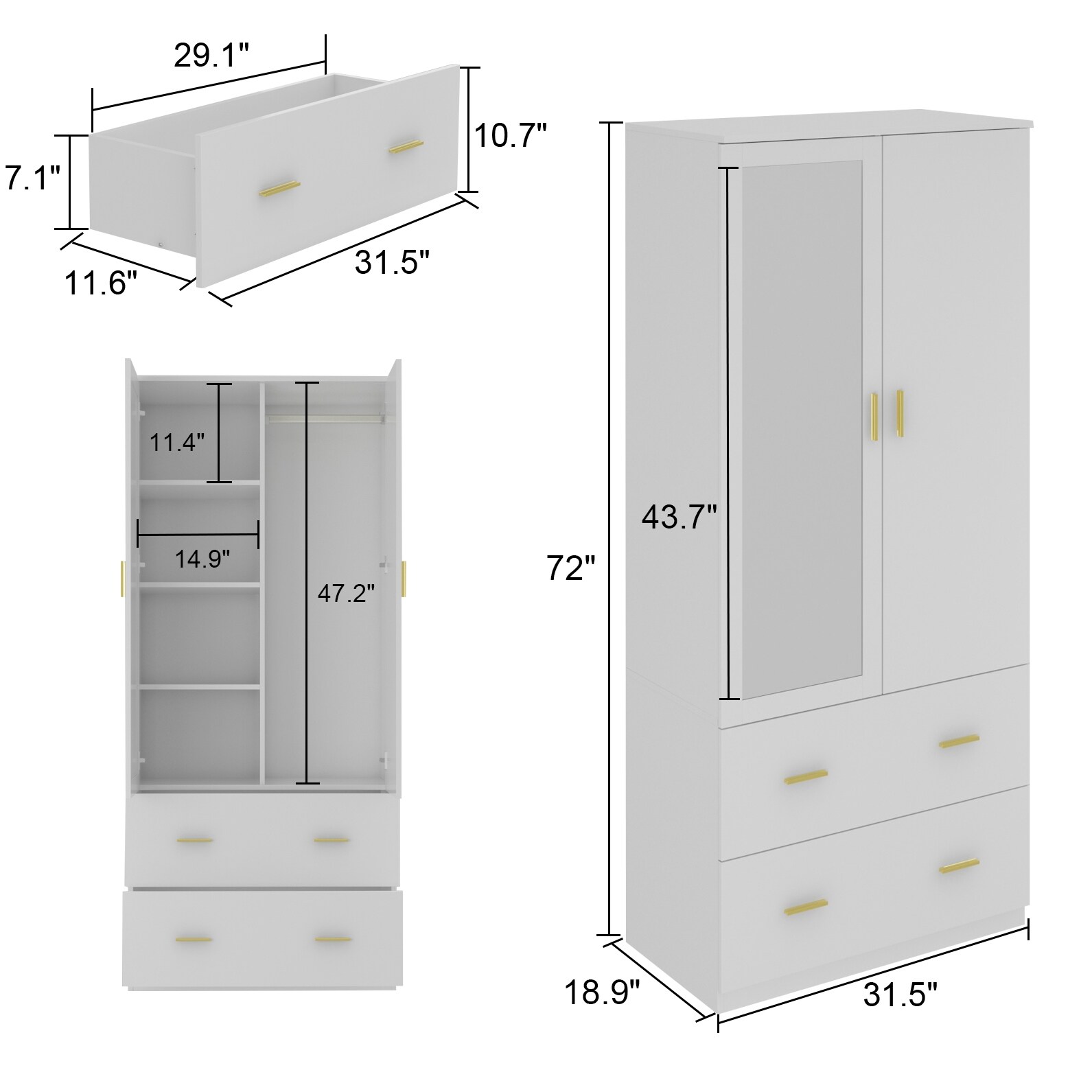 Kerrogee Bedroom Armoire Wardrobe with Mirror and Storage Drawers for Organized Spaces-image