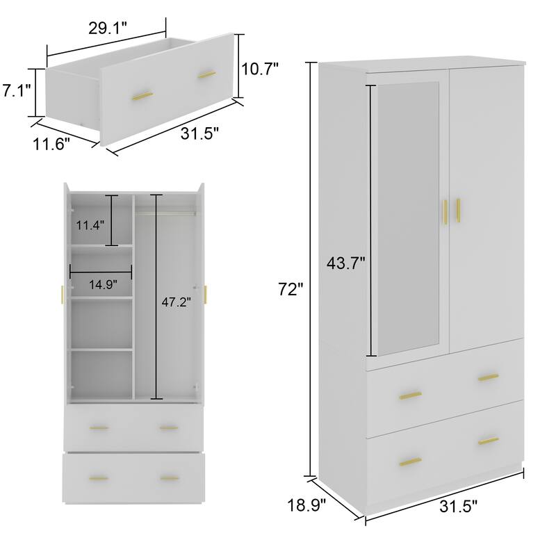 Kerrogee Bedroom Armoires Wardrobe with Mirror Drawers and Doors