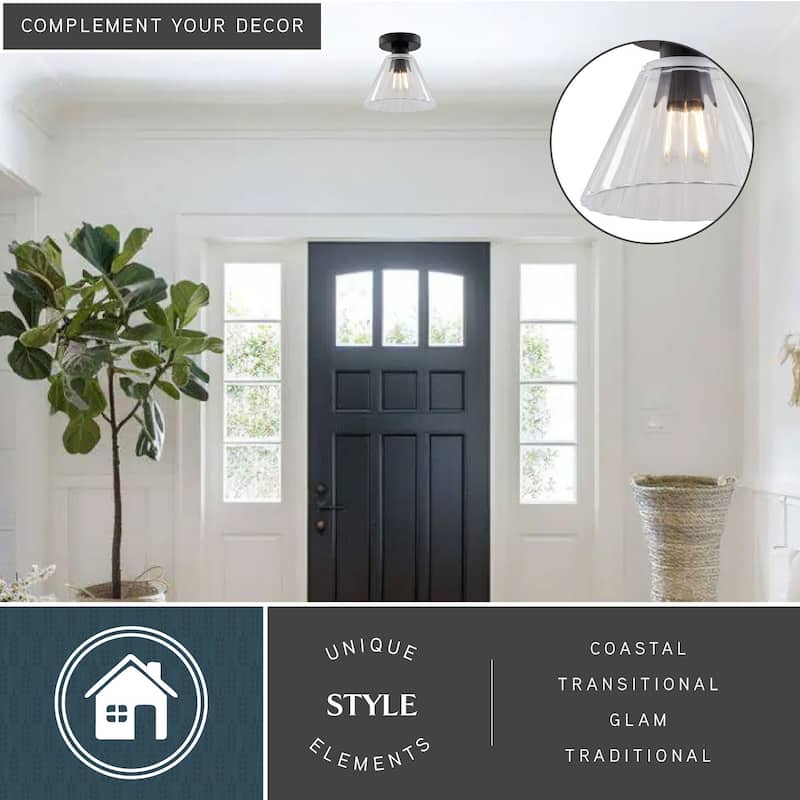 Dalton 1-Light Matte Black Cone Flush Mount Lighting Fixture, Clear Ribbed Glass Shade Low Ceilings Hallway Kitchen