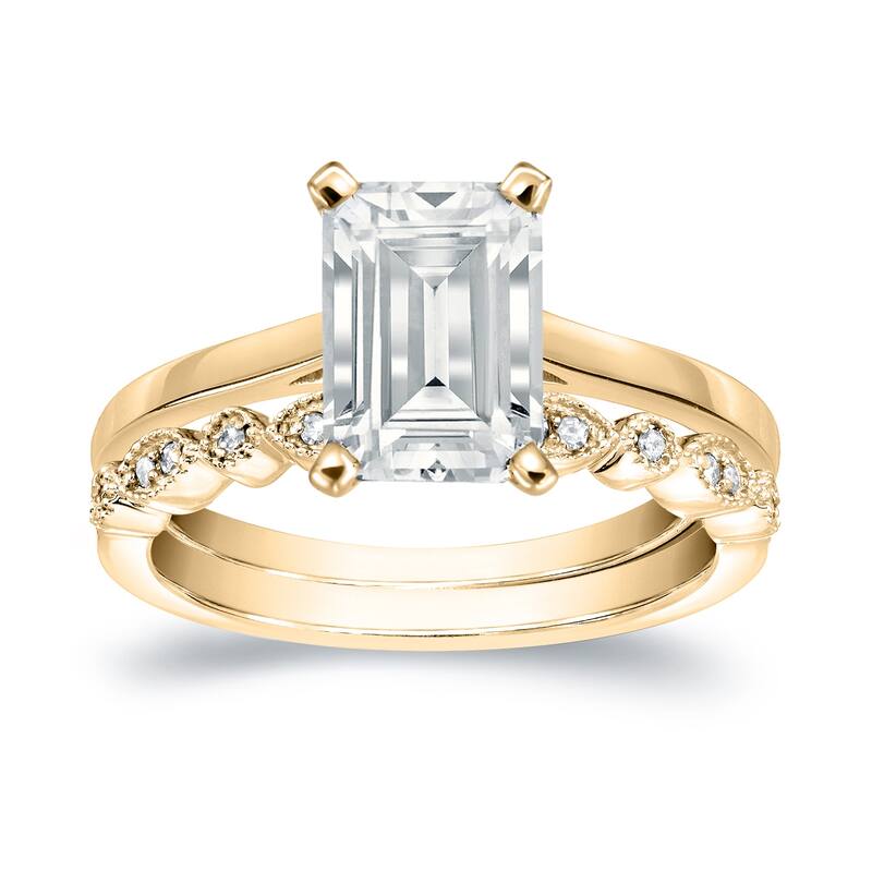 Auriya 14k Gold 1 1/6ctw Vintage Emerald-cut Solitaire Diamond Engagement Ring Set