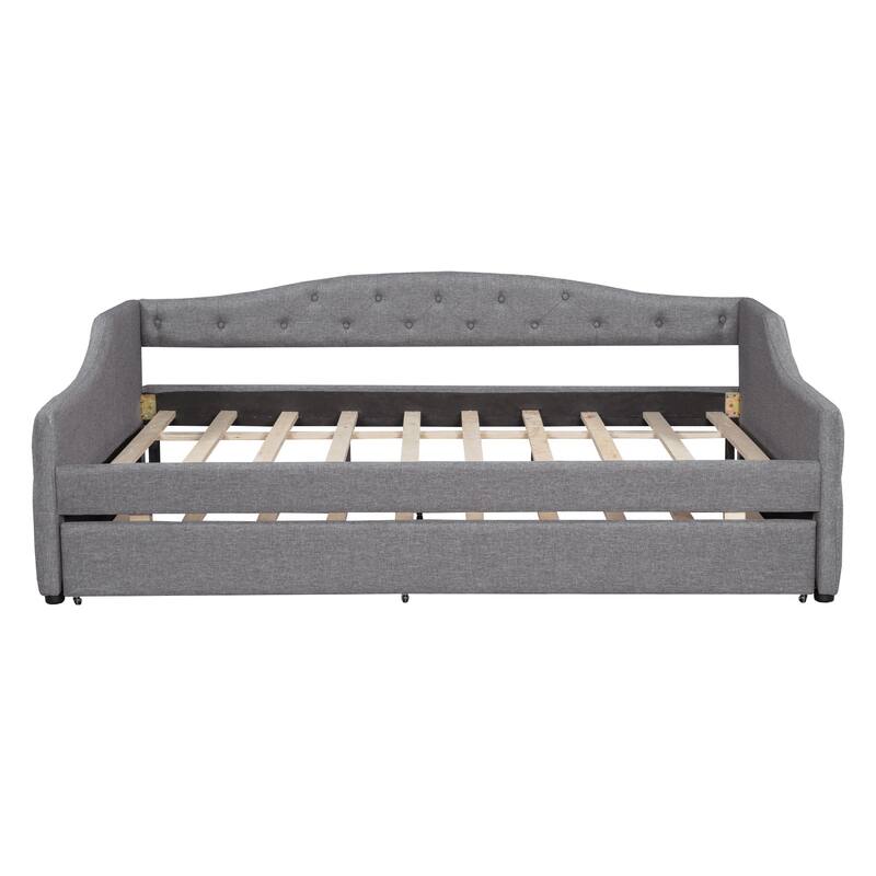 Full XL Upholstered Daybed with LED Lighting and Trundle, Gray