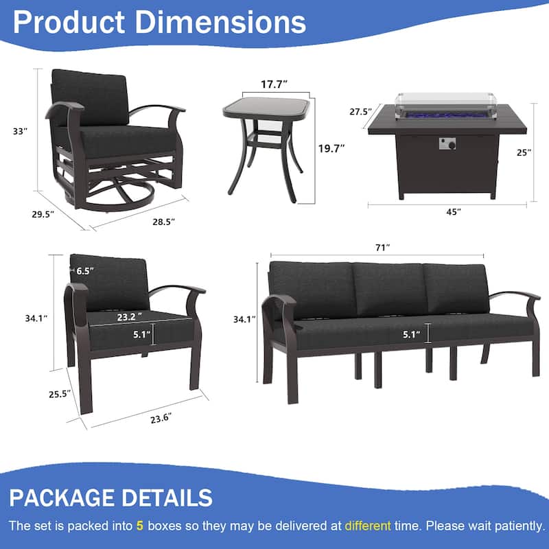 Kullavik Aluminum Outdoor Patio Furniture with Curved Armrests & Firepit Table