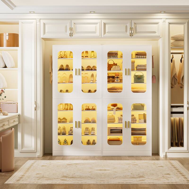 8-Tier Shoe Cabinet with LED Light, 32 Pairs Tall Shoe Storage Organizer with Side Hooks