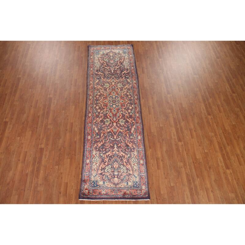 Hand Knotted Oriental 100% Wool Carpet Traditional Floral Navy Blue & Blues Mahal Runner Rug - 10' 10'' X 3' 3''