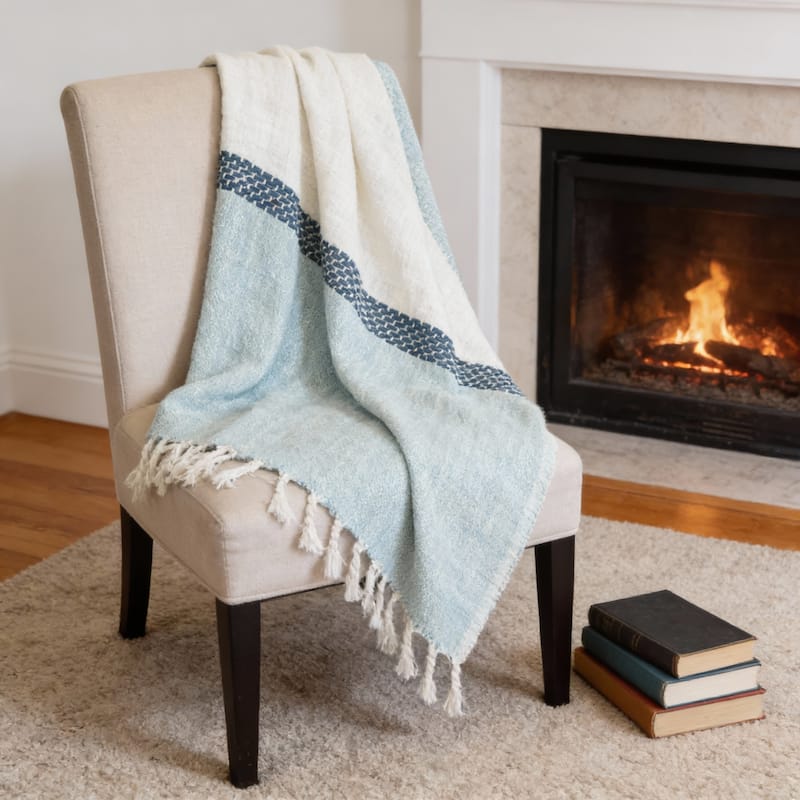 HomeRoots 50" X 60" Teal Blue And Ivory Color Block Cotton Throw Blanket with Fringe - Throw - Teal Blue/Ivory