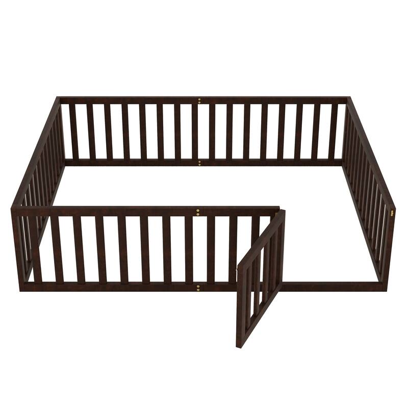 Versatile Wooden Floor Bed Frame without Slats, Solid Pinewood Kids Bed Frame with Fence and Door