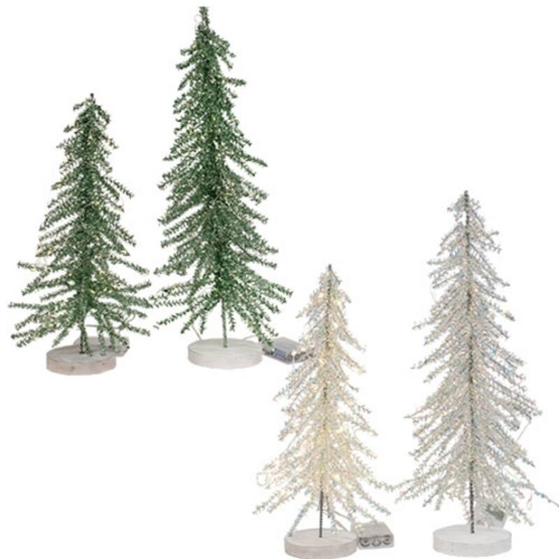 Set of 2 Sparkling LED Tinsel Trees with Warm White Lights Battery Operated Christmas Decoration - 2 Asstd - White-Green