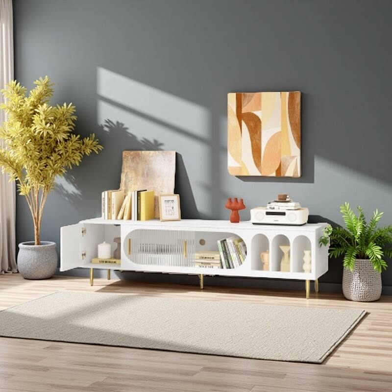 Modern 70" TV Stand with Arched Shelves, Sliding Acrylic Door, Metal Legs & Handles, Storage Cabinets - White