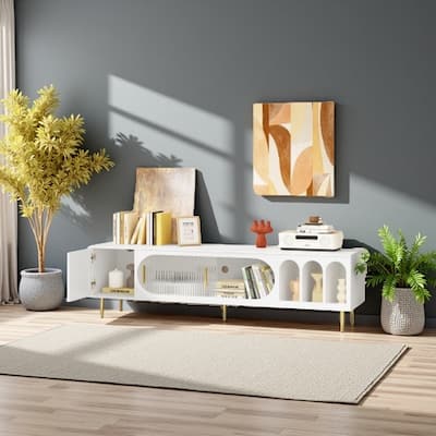 Modern 70" TV Stand with Arched Shelves, Sliding Acrylic Door, Metal Legs & Handles, Storage Cabinets