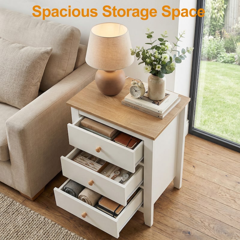 3 Drawer Nightstand Set of 2, Bedside Tables with Solid Wood Knobs