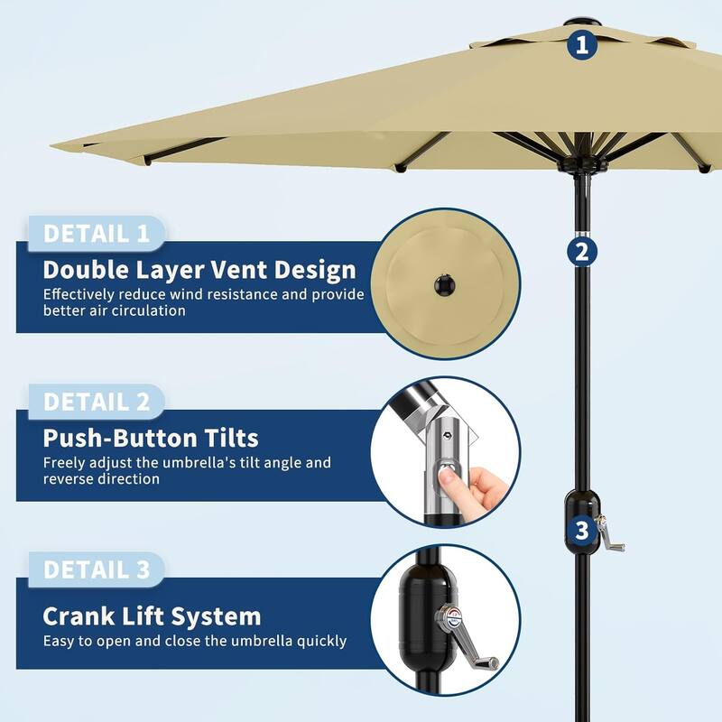 10Ft Patio Umbrella - 8 Sturdy Ribs Outdoor Table Umbrella with Crank Lift & Push Button Tilt