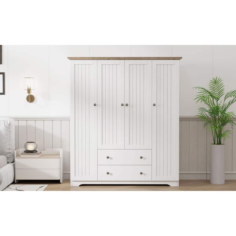 Roomfitters 4-Door Wardrobe Armoire with 2 Drawers and Hanging Rail