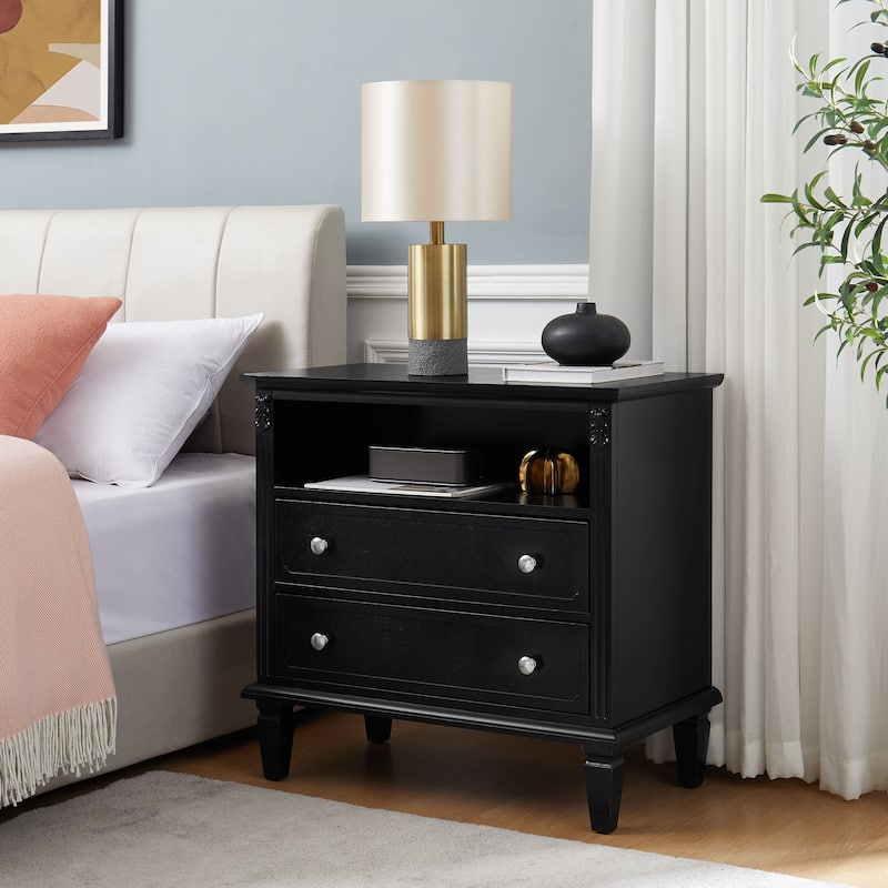 Farmhouse Nightstand with 2 Drawers and Charging Station, Solid Wood Legs, USB Ports & Open Shelf, Fluted Design End Table