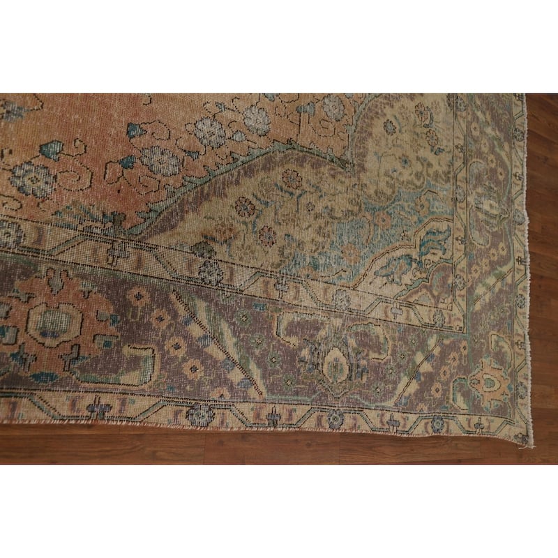 Distressed Tabriz Persian Antique Area Rug Hand-Knotted Wool Carpet - 9'6" x 12'8"