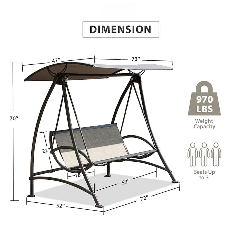 2-Seat / 3-Seat Outdoor Patio Porch Swing, Steel Frame Swing Chair with Adjustable Canopy - 3-Seat