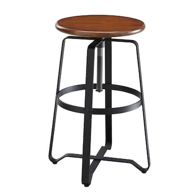 24" Chestnut Brown Black Adjustable Bar Stool Circular Wooden Seat