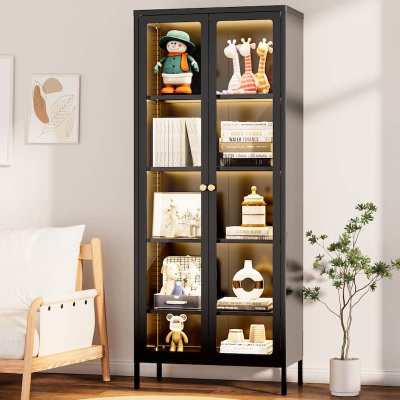4/5-Tier Glass Curio Display Cabinet with Doors & Adjustable Storage Shelves - Black-5 Tier/2 Door