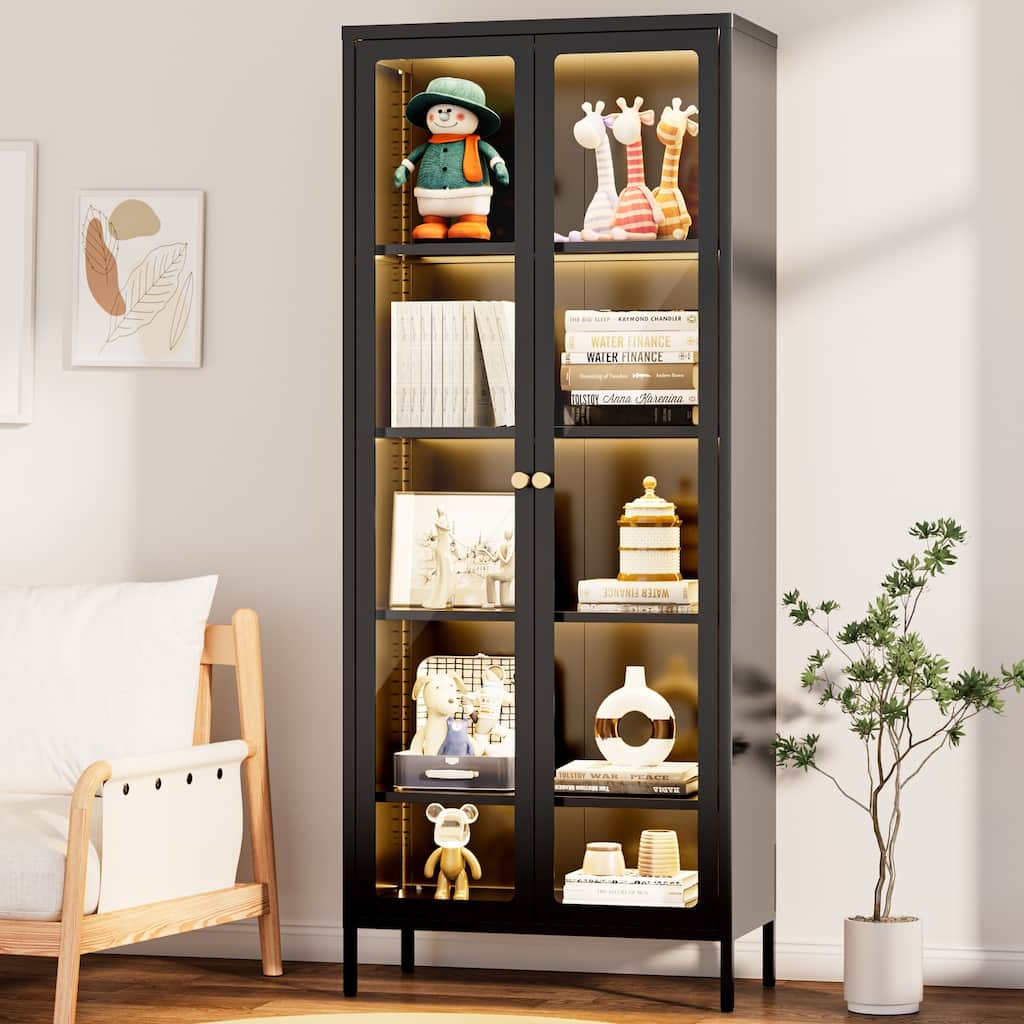 4/5-Tier Glass Curio Display Cabinet with Doors & Adjustable Storage Shelves