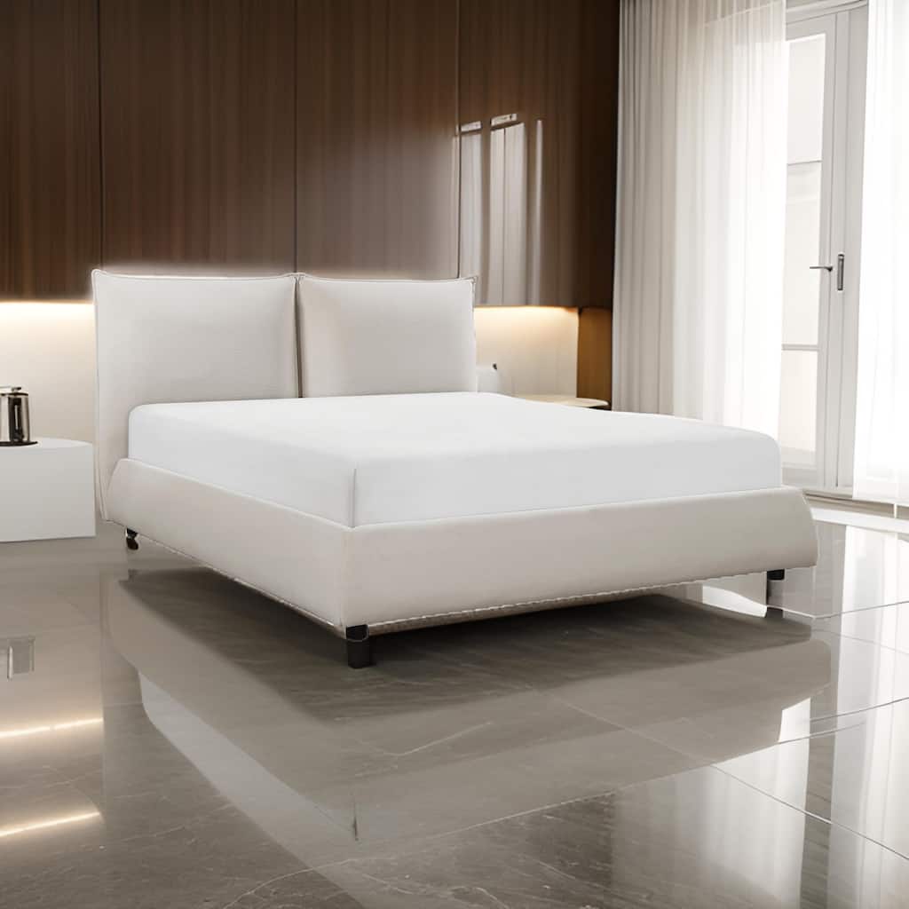 Inna Queen Platform Bed, Beige Chenille Fabric Upholstered Pillow Headboard