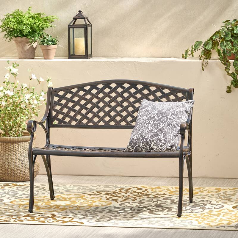Roomfitters Spencer Outdoor Cast Aluminum Bench, Decorative Patio Garden Seating, Copper