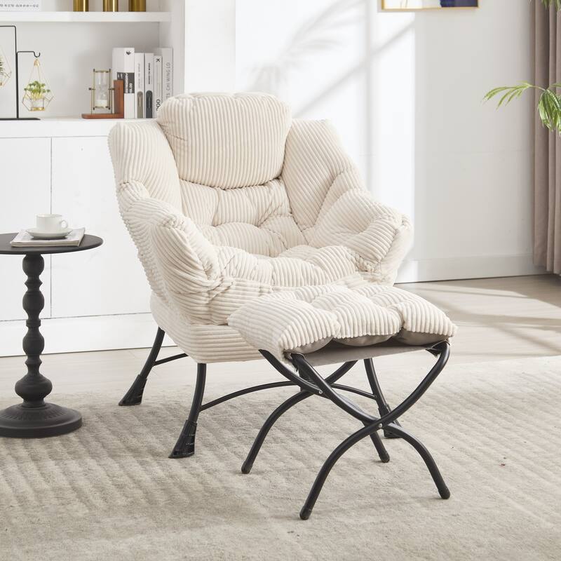 Modern Lounge Accent Chair with Armrests and a Side Pocket, Leisure Upholstered Sofa Chair Reading Chair with Footrest - White