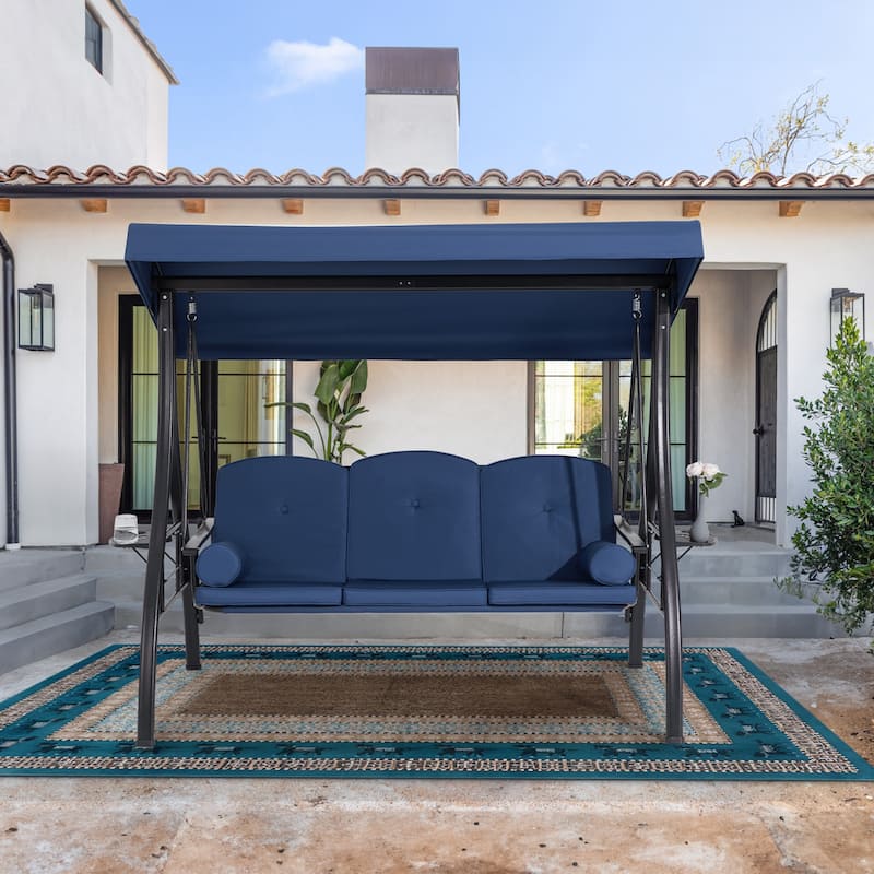 3-Seat Patio Swing with Adjustable Canopy, 750lbs Heavy Duty, Convertible Outdoor Bed, All-Weather, Cup Holders & Thick Cushions