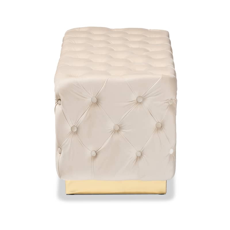 Corrine Glam and Luxe Velvet Fabric and Gold PU Leather Ottoman